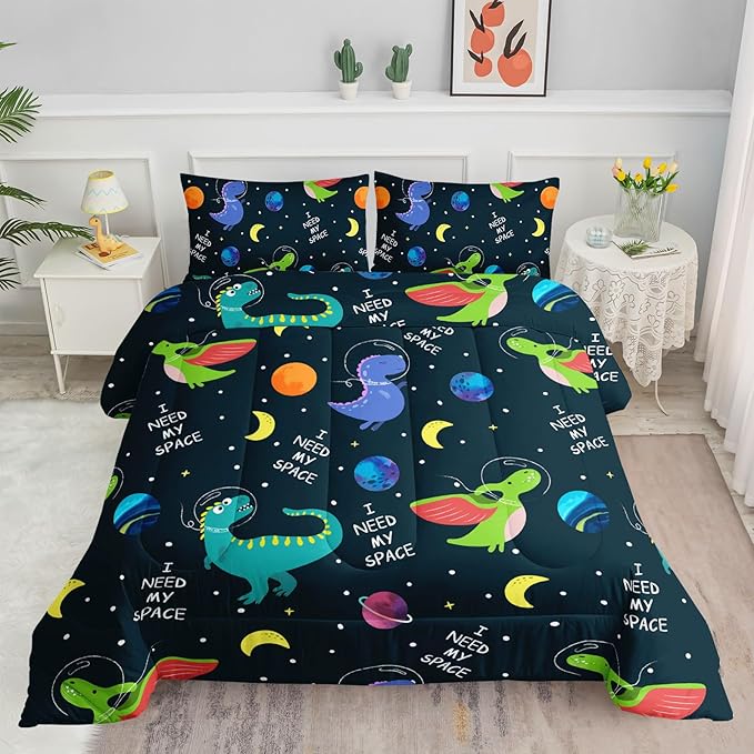 Datura home Dinosaur Space Dinos Comforter Bedding Set for Boys Kids Children,Celestial Bodies Colorful Dinosaur Print Bedding Set with 1 Comforter and 2 Pillowcases(Dinosaur Queen) - LeafyLoom