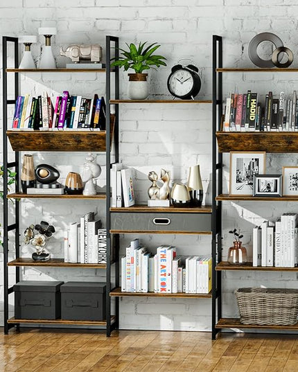 NUMENN Triple Wide 5 Tier Bookshelf, Adjustable Rustic Industrial Style Book Shelves, Modern Bookcases and Bookshelves Furniture for Bedroom, Living Room and Home Office, Vintage Brown - LeafyLoom