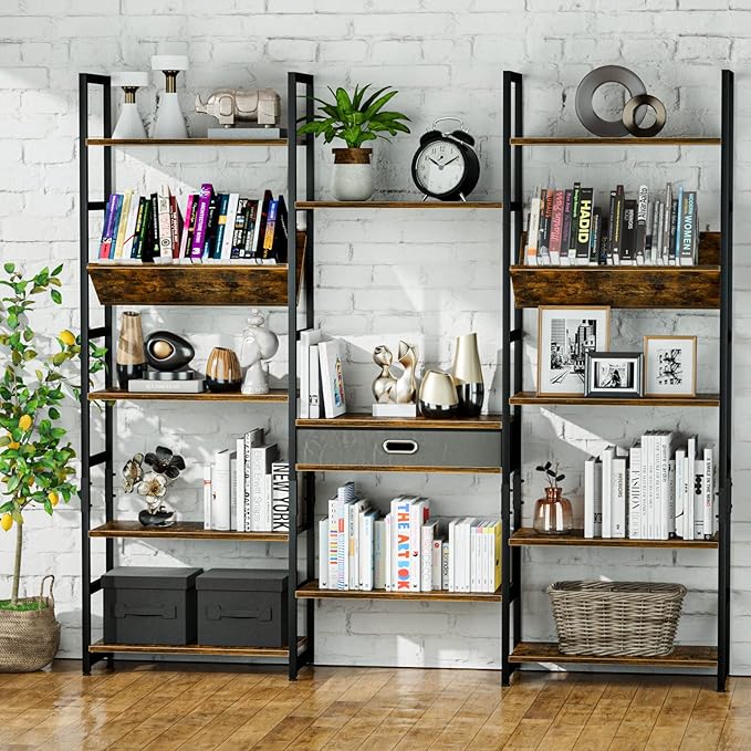 NUMENN Triple Wide 5 Tier Bookshelf, Adjustable Rustic Industrial Style Book Shelves, Modern Bookcases and Bookshelves Furniture for Bedroom, Living Room and Home Office, Vintage Brown - LeafyLoom