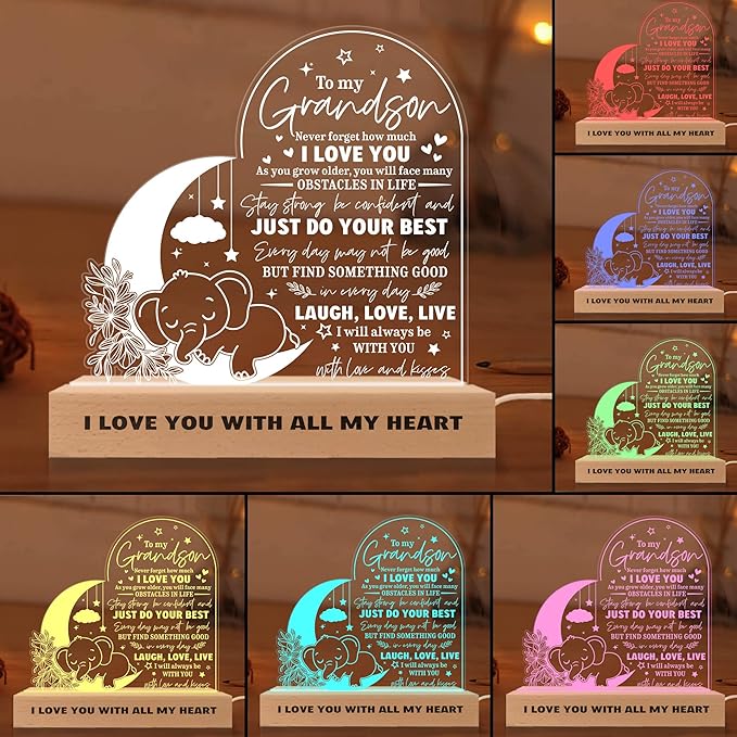 ARTSYWIX Grandson 3D Illusion Lamp w Wooden Base USB Powered Acrylic Night Light, To my Grandson Gift from Grandma & Grandpa, Son Grandson Bonus Son Boy Lamp Present, Birthday Gift Graduation Keepsake - LeafyLoom