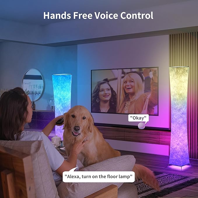 chiphy Floor Lamp, RGB 52'' Standing Lamps, 7 Colors Changing and Dimmable LED Bulbs, Remote Control and White Fabric Shade, Modern for Bedroom, Living Room and Play Room - LeafyLoom