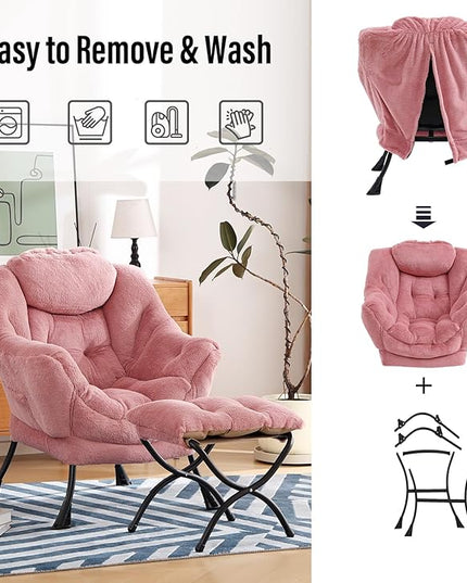 Lazy Chair with Ottoman, Modern Chair with Folding Footrest, Lounge Accent Chair, Comfortable Reading Chair (Plush Dark Pink) - LeafyLoom