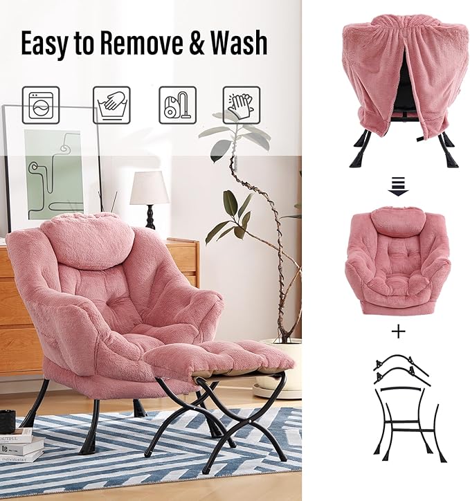 Lazy Chair with Ottoman, Modern Chair with Folding Footrest, Lounge Accent Chair, Comfortable Reading Chair (Plush Dark Pink) - LeafyLoom