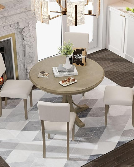 5 Piece Modern Round Dining Set, Including Solid Wood Curved Trestle Style Table Legs and 4 Upholstered Backrest Cushioned Chairs, for Kitchen, Living Room, Taupe+Beige - LeafyLoom