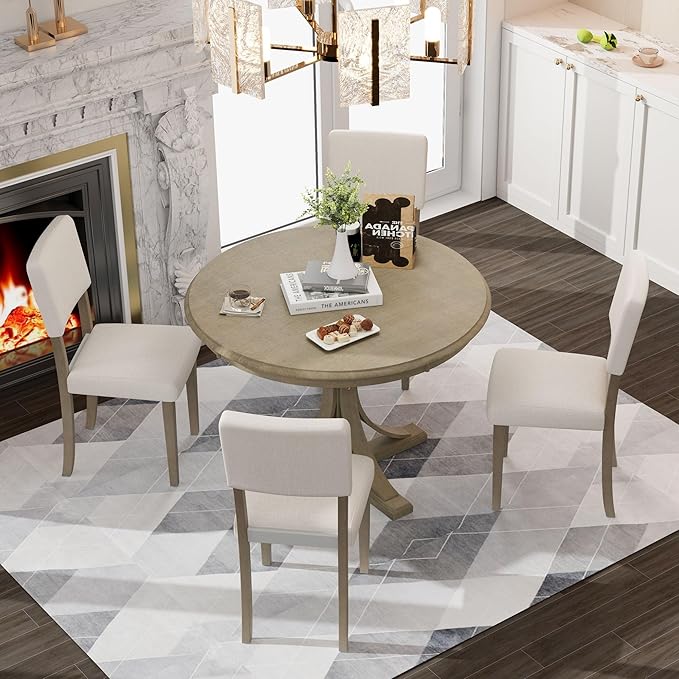 5 Piece Modern Round Dining Set, Including Solid Wood Curved Trestle Style Table Legs and 4 Upholstered Backrest Cushioned Chairs, for Kitchen, Living Room, Taupe+Beige - LeafyLoom
