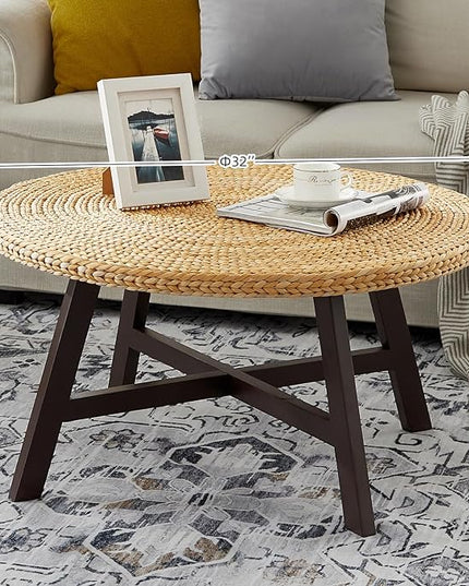 Coffee Table Round, Seagrass Coffee Tables,Pine Wood X Base Frame Cocktail Table, Easy Assembled, Multiple Sizes for Living Room, Solid Wood Table,32 x 17 Inches,Natural - LeafyLoom