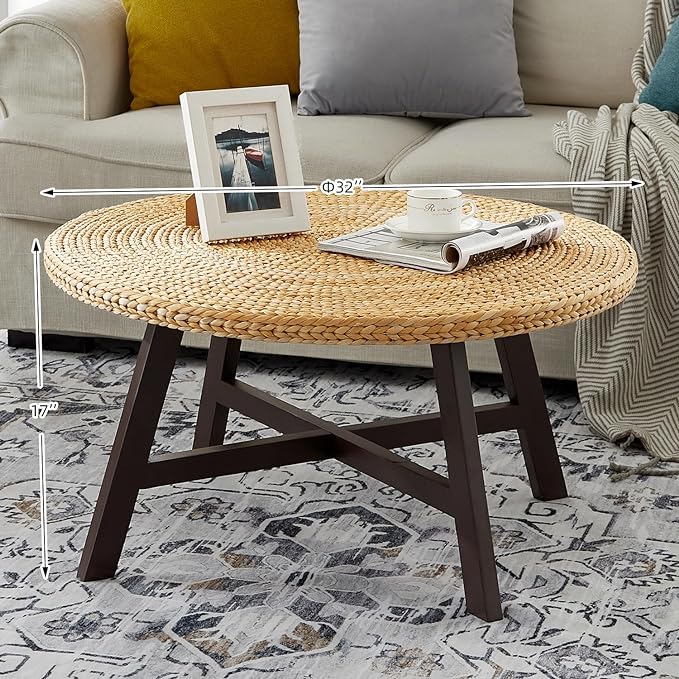 Coffee Table Round, Seagrass Coffee Tables,Pine Wood X Base Frame Cocktail Table, Easy Assembled, Multiple Sizes for Living Room, Solid Wood Table,32 x 17 Inches,Natural - LeafyLoom