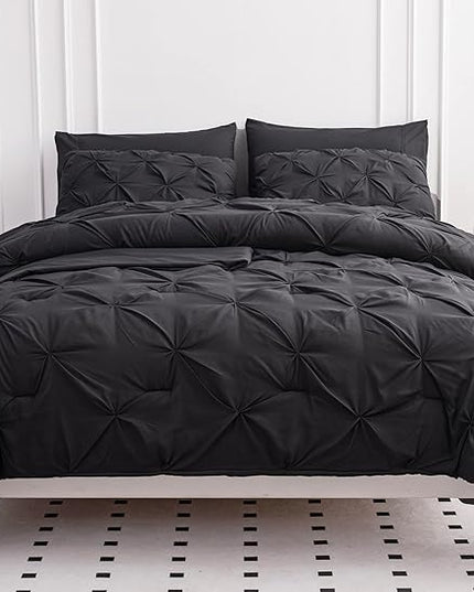 LANE LINEN Full Size Comforter Sets, 7 Piece Bed in a Bag Full Size, Soft Full Size Bedding Sets, Pintuck Comforter Sets Full Size, Full Size Bed Comforter Set with Sheets, Pillowcases & Shams - Grey - LeafyLoom
