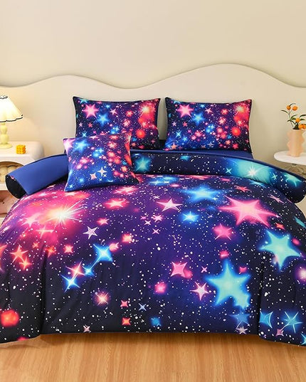 DORCAS Star Twin Size Comforter Sets with Sheets for Girls Kids,6 Piece Starry Sky Girls Bedding Sets Twin,All Season Down Bed in a Bag(Colorful,Twin) - LeafyLoom
