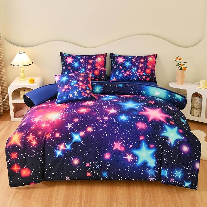 DORCAS Star Full Size Comforter Sets with Sheets for Girls Kids,6 Piece Starry Sky Bedding Set Full,All Season Down Bed in a Bag(Colorful,Full) - LeafyLoom