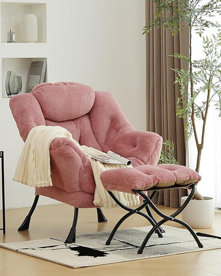 Lazy Chair with Ottoman, Modern Chair with Folding Footrest, Lounge Accent Chair, Comfortable Reading Chair (Plush Dark Pink) - LeafyLoom