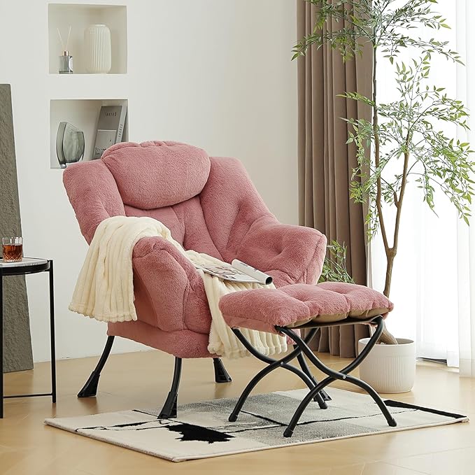 Lazy Chair with Ottoman, Modern Chair with Folding Footrest, Lounge Accent Chair, Comfortable Reading Chair (Plush Dark Pink) - LeafyLoom