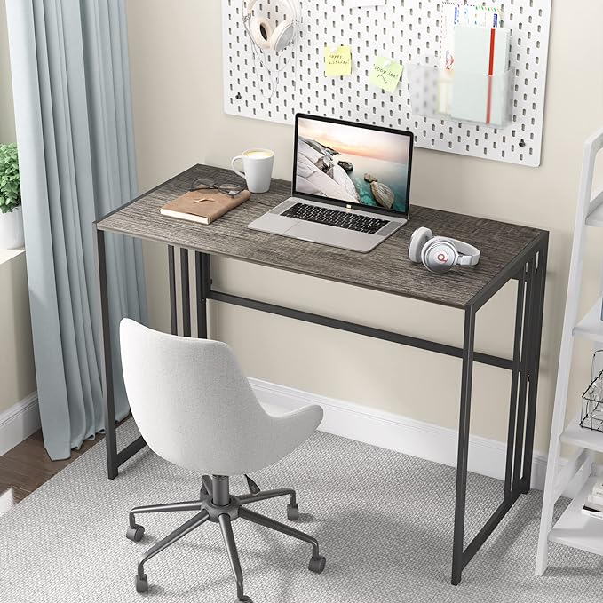 Folding Desk 40'' Computer Desk for Home Office, No Assembly Office Desk Foldable Simple Study Writing Desk Table for Small Spaces(Dark Grey) - LeafyLoom