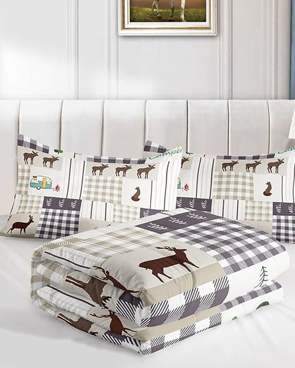Datura home Happy Camper Comforter Set Rustic Lodge and Camper Deer Printed Quilt Bedding Set with 1 Comforter and 2 Pillowcases for Boys and Girls Bedroom All Season(Camper Queen) - LeafyLoom