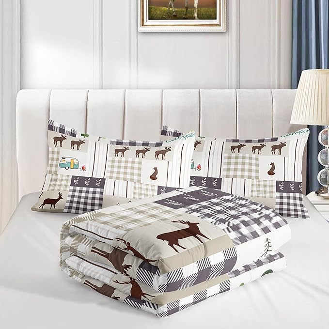 Datura home Happy Camper Comforter Set Rustic Lodge and Camper Deer Printed Quilt Bedding Set with 1 Comforter and 2 Pillowcases for Boys and Girls Bedroom All Season(Camper Queen) - LeafyLoom
