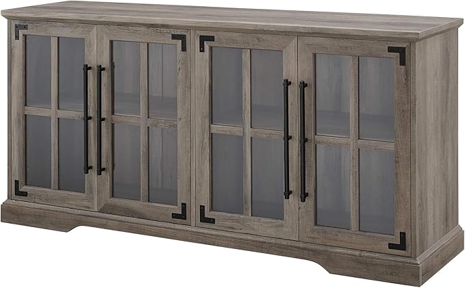 Walker Edison Farmhouse Barn Glass Door Wood Universal TV Stand for TV's up to 64" Flat Screen Living Room Storage Cabinet Doors and Shelves Entertainment Center, 58 Inch, Grey Wash - LeafyLoom