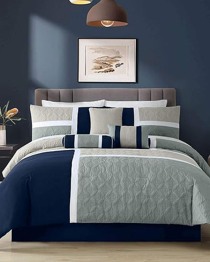 Chezmoi Collection Upland 7-Piece Quilted Patchwork Comforter Set, Navy/Blue/Gray, California King - LeafyLoom