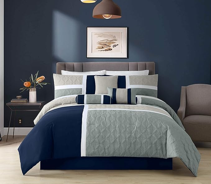 Chezmoi Collection Upland 7-Piece Quilted Patchwork Comforter Set, Navy/Blue/Gray, California King - LeafyLoom