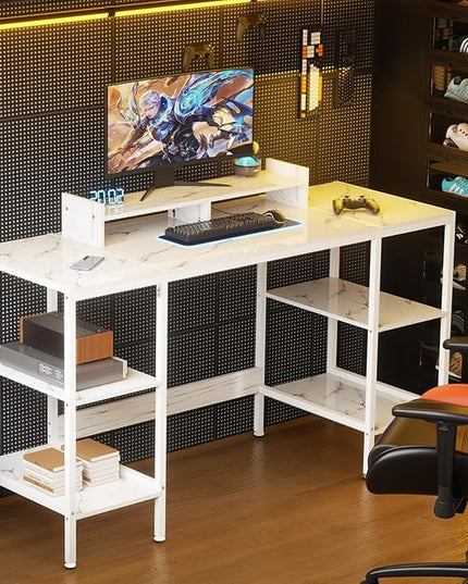 Computer Desk - 55 Inch Home Office Desk with Storage, Gaming Desk with Monitor Stand, Modern Simple Study Table, Adjustable Storage Space, White - LeafyLoom