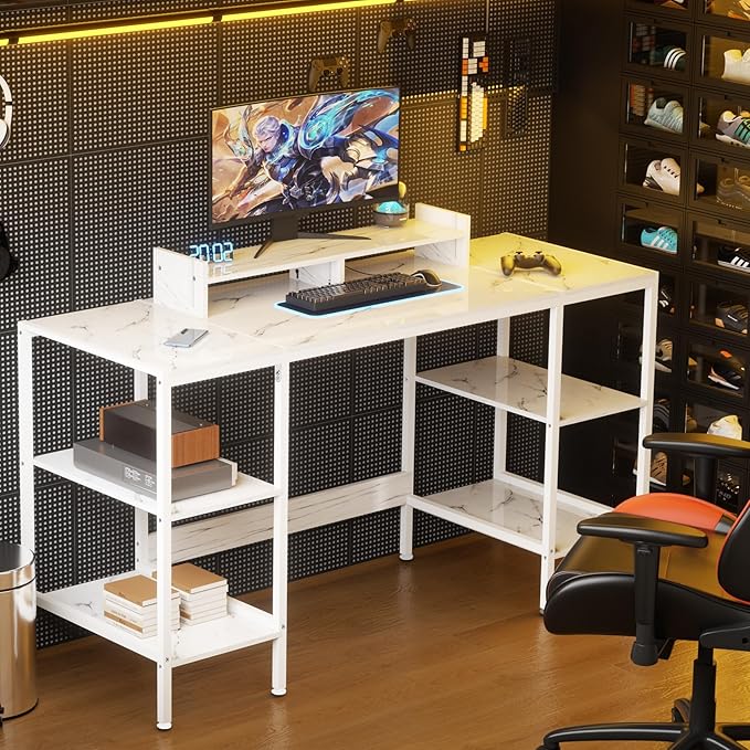 Computer Desk - 55 Inch Home Office Desk with Storage, Gaming Desk with Monitor Stand, Modern Simple Study Table, Adjustable Storage Space, White - LeafyLoom