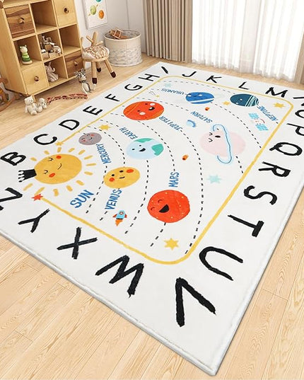 Soft ABC Kids Rug,110.2x78.7 in Washable Large Classroom Rug,Non-Slip Educational Kids Room Rug,Cute Solar System Playroom Area Rug for Classroom Playroom Bedroom Kids Room Decor - LeafyLoom