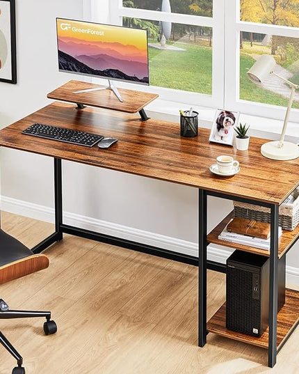 GreenForest Computer Home Office Desk with Monitor Stand and Reversible Storage Shelves,55 inch Modern Simple Writing Study PC Work Table,Walnut - LeafyLoom