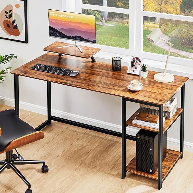 GreenForest Computer Home Office Desk with Monitor Stand and Reversible Storage Shelves,55 inch Modern Simple Writing Study PC Work Table,Walnut - LeafyLoom