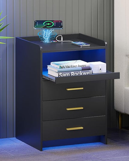 RGB Nightstand-Bedside-End-Table with USB &Wireless Charging Station: Smart Nightstand for Sofa Table with Human-Body Inductions, Modern Bedroom Furniture with Drawers for Living Room, Black - LeafyLoom