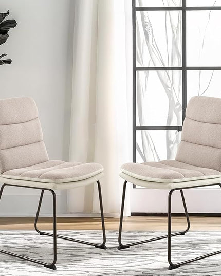 Dining Chairs Set of 2, Upholstered Dining Room Kitchen Chairs with Metal Legs, Modern Fabric PU Leather Side Chairs for Home Office, Light Brown - LeafyLoom