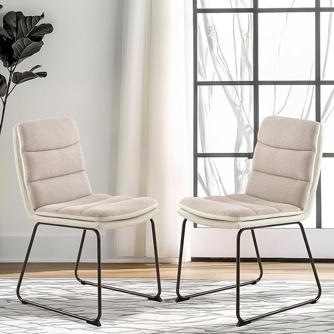 Dining Chairs Set of 2, Upholstered Dining Room Kitchen Chairs with Metal Legs, Modern Fabric PU Leather Side Chairs for Home Office, Light Brown - LeafyLoom
