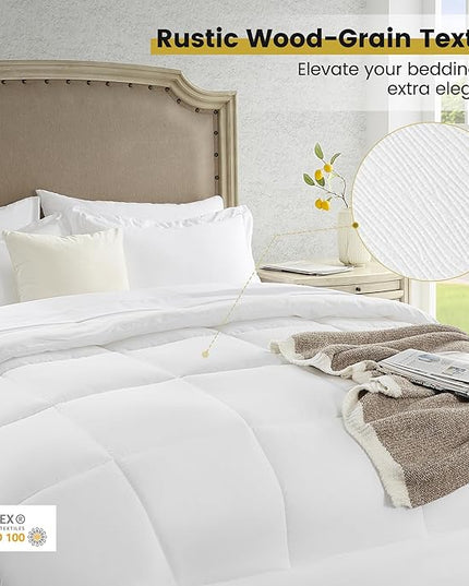 Queen Bed in a Bag 7 Pieces Comforter Set Queen, Wood Grain Texture Bedding Comforter Set White Bed Set with Comforter, Pillowcases, Flat Sheet, Fitted Sheet and Pillow Shams - LeafyLoom