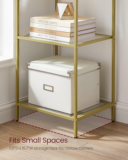 VASAGLE Bookcase, 6-Tier Bookshelf, Slim Shelving Unit for Bedroom, Bathroom, Home Office, Tempered Glass, Steel Frame, Metallic Gold ULGT500A01 - LeafyLoom