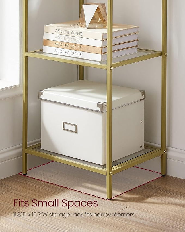 VASAGLE Bookcase, 6-Tier Bookshelf, Slim Shelving Unit for Bedroom, Bathroom, Home Office, Tempered Glass, Steel Frame, Metallic Gold ULGT500A01 - LeafyLoom