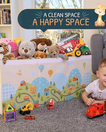 Extra Large Toy Storage Organizer with Lid - Sturdy, Collapsible Toy Chest Storage Box with Cute Design - Toys Bin with Dividers for Kids, Boys, Girls, Nursery, Bedroom, Play room 37"x16"x14" - LeafyLoom