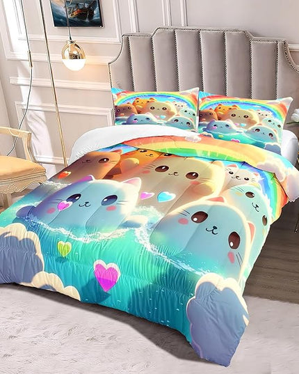 Queen Cat Comforter Set, Girls Kawaii Cat Bedding Sets, 1 Comforter+2 Pillowcases, Microfiber, Printed, Modern Style, 3 Pieces - LeafyLoom