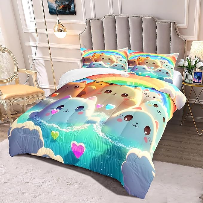 Queen Cat Comforter Set, Girls Kawaii Cat Bedding Sets, 1 Comforter+2 Pillowcases, Microfiber, Printed, Modern Style, 3 Pieces - LeafyLoom