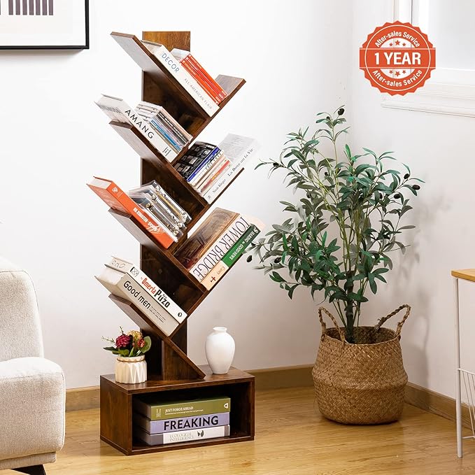 Yoobure Tree Bookshelf - 6 Shelf Retro Floor Standing Bookcase, Tall Wood Book Storage Rack for CDs/Movies/Books, Utility Book Organizer Shelves for Bedroom, Living Room, Home Office - LeafyLoom