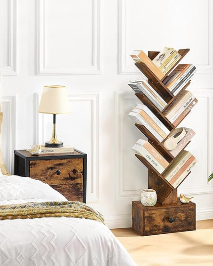 9 Tier Tree Bookshelf, Tree Bookcase with Drawer, Floor Standing Tall Wood Book Shelves Organizer for Living Room, Bedroom, Home Office, Rustic Brown - LeafyLoom