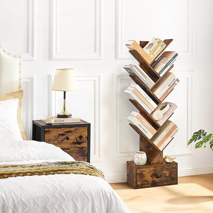 9 Tier Tree Bookshelf, Tree Bookcase with Drawer, Floor Standing Tall Wood Book Shelves Organizer for Living Room, Bedroom, Home Office, Rustic Brown - LeafyLoom