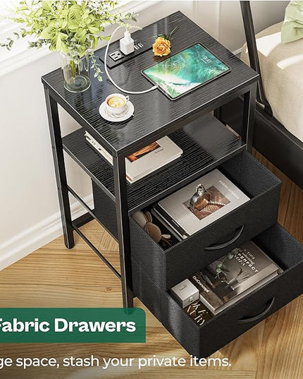 Nightstand with Charging Station, Side Table with Fabric Drawers, End Table with Open Shelf, Bedside Table with USB Ports and Outlets, Night Stand for Bedroom, Black - LeafyLoom