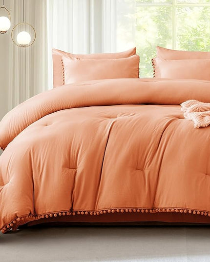 Litanika Comforter Full Size Set Coral,3 Pieces Coral Boho Pom Pom Lightweight Bed Comforter Full,All Season Soft Solid Color Bedding Comforter Sets (1 Comforter 79x90 Inch, 2 Pillowcases) - LeafyLoom