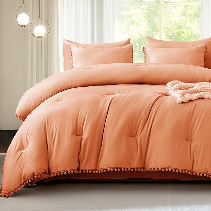 Litanika Queen Size Comforter Set Coral,3 Pieces Coral Boho Pom Pom Lightweight Bed Comforter, All Season Soft Solid Color Bedding Comforter Sets (1 Comforter 90x90 Inch, 2 Pillowcases) - LeafyLoom