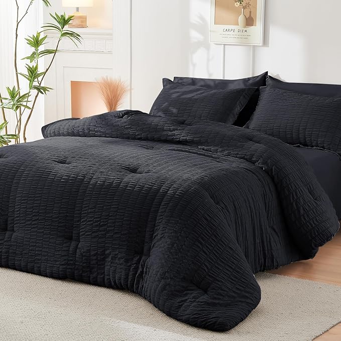 HYMOKEGE Seersucker Twin Comforter Set 3 Pieces, Lightweight Comforter Sets for Bedding, Bed Set with 1 All Season Soft Down Alternative Comforter and 2 Pillow Shams, Black - LeafyLoom