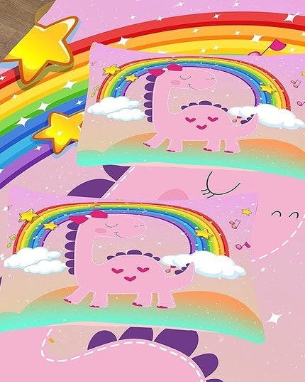 Tailor Shop Dinosaur Girls Comforter Set Queen Size,Rainbow Pink Dinosaur Bedding Set,Cartoon Dino Comforter Sets for Kids Teens，Dinosaur Bed Set,with 1 Comforter 2 Pillowcase - LeafyLoom