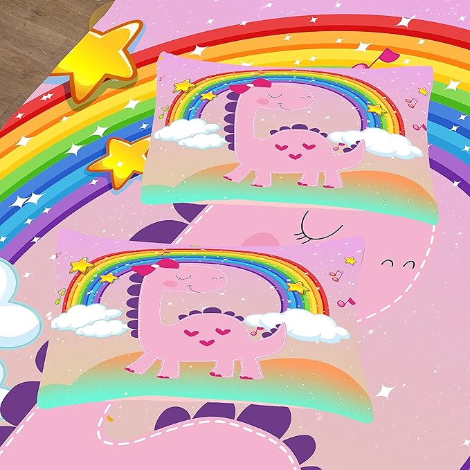 Tailor Shop Dinosaur Girls Comforter Set Queen Size,Rainbow Pink Dinosaur Bedding Set,Cartoon Dino Comforter Sets for Kids Teens，Dinosaur Bed Set,with 1 Comforter 2 Pillowcase - LeafyLoom