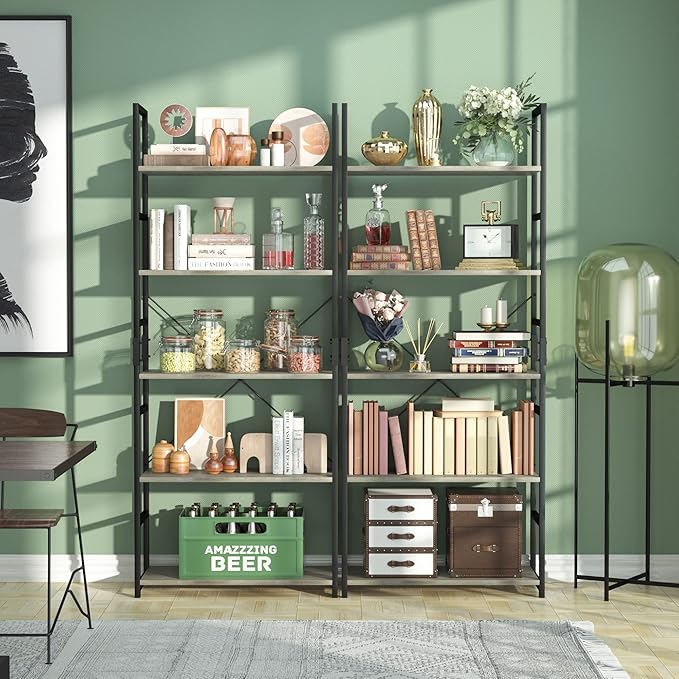 NUMENN 5 Tier Bookshelf, Tall Bookcase Shelf Storage Organizer, Modern Book Shelf for Bedroom, Living Room and Home Office, Grey - LeafyLoom