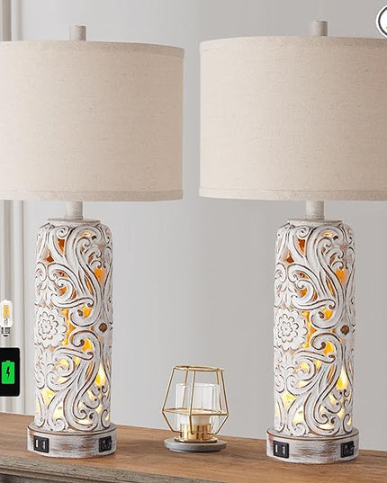 RORIANO Set of 2 Rustic Farmhouse Table Lamps for Living Room Bedroom, Vintage Bedside Lamp with Dual USB Port, Antique White Resin Retro Nightstand Lamps with Night Light, 2 Bulbs Include - LeafyLoom