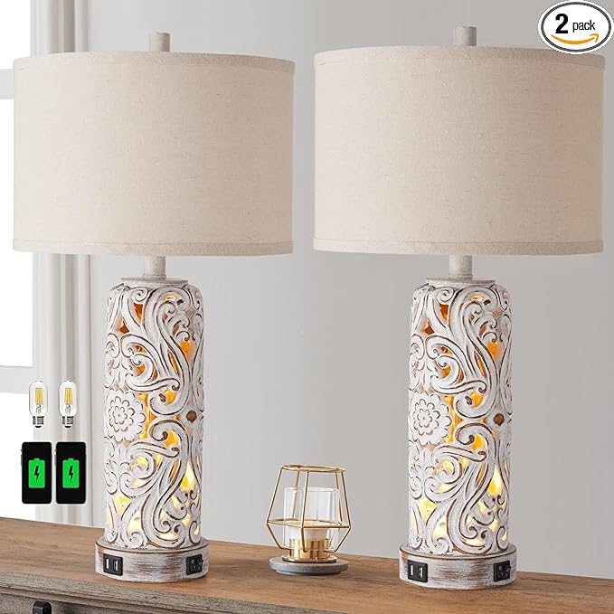 RORIANO Set of 2 Rustic Farmhouse Table Lamps for Living Room Bedroom, Vintage Bedside Lamp with Dual USB Port, Antique White Resin Retro Nightstand Lamps with Night Light, 2 Bulbs Include - LeafyLoom