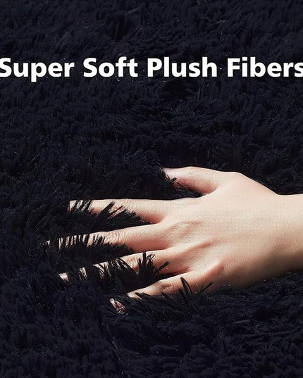 Ophanie Black Machine Washable 3 x 5 Feet Rugs for Bedroom, Fluffy Shaggy Bedside Floor Dorm Area Rug, Soft Fuzzy Non-Slip Indoor Room Carpet for Kids Boys Girls Teen Home Decor Aesthetic, Nursery - LeafyLoom
