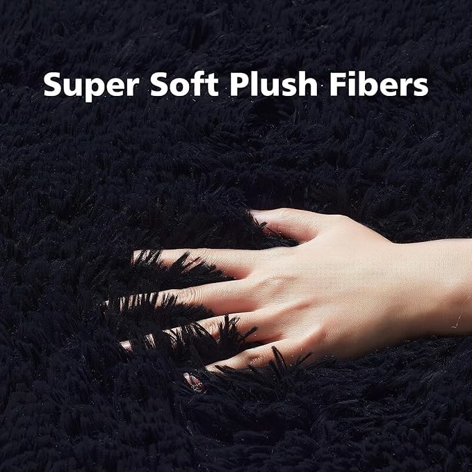 Ophanie Black Machine Washable 3 x 5 Feet Rugs for Bedroom, Fluffy Shaggy Bedside Floor Dorm Area Rug, Soft Fuzzy Non-Slip Indoor Room Carpet for Kids Boys Girls Teen Home Decor Aesthetic, Nursery - LeafyLoom